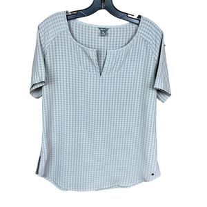 Eddie Bauer Top V Neck Grey Basket Weave Fabric Print Short Sleeve Medium